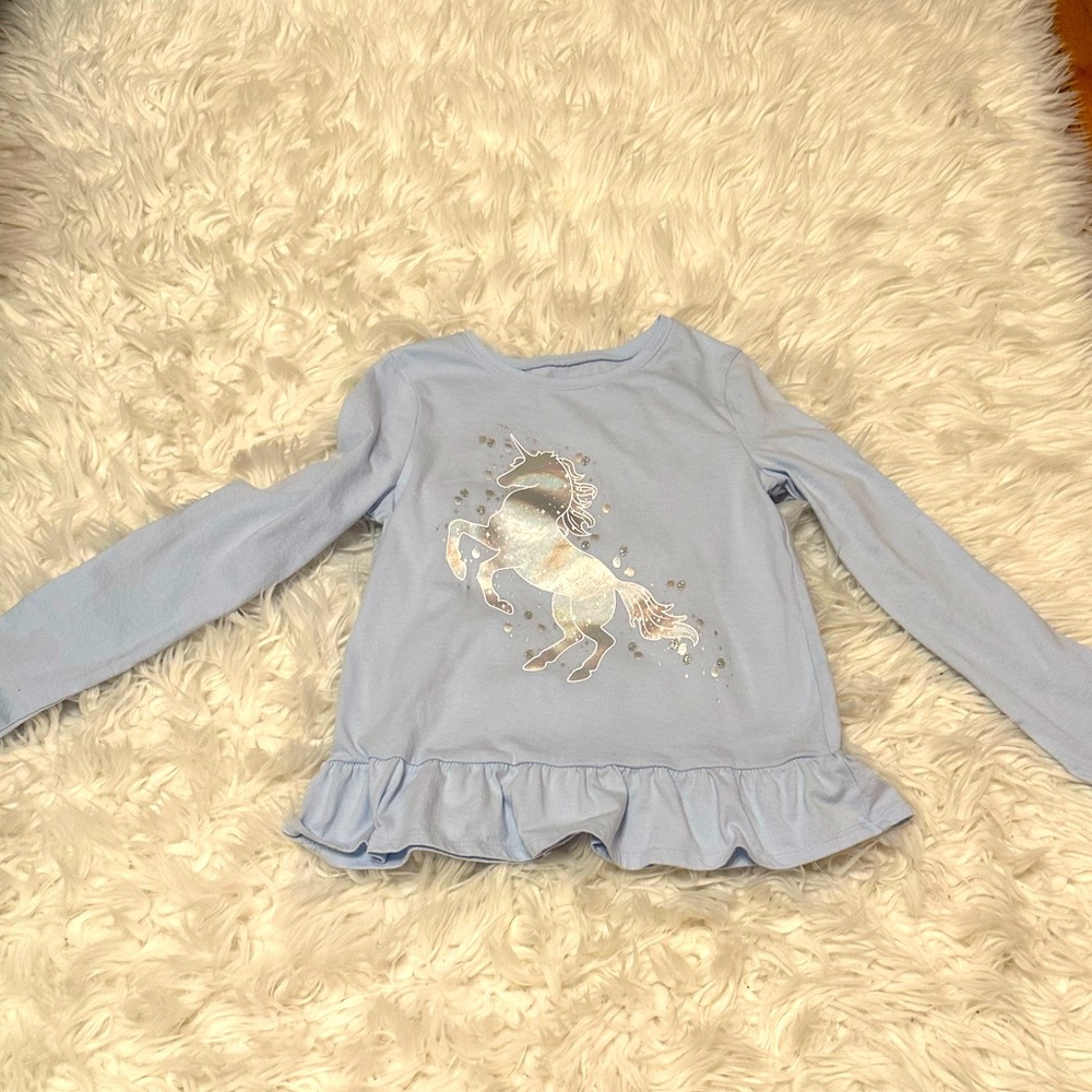 Jumping beans size 8 girls shimmer unicorn powder blue long sleeved peplum tee